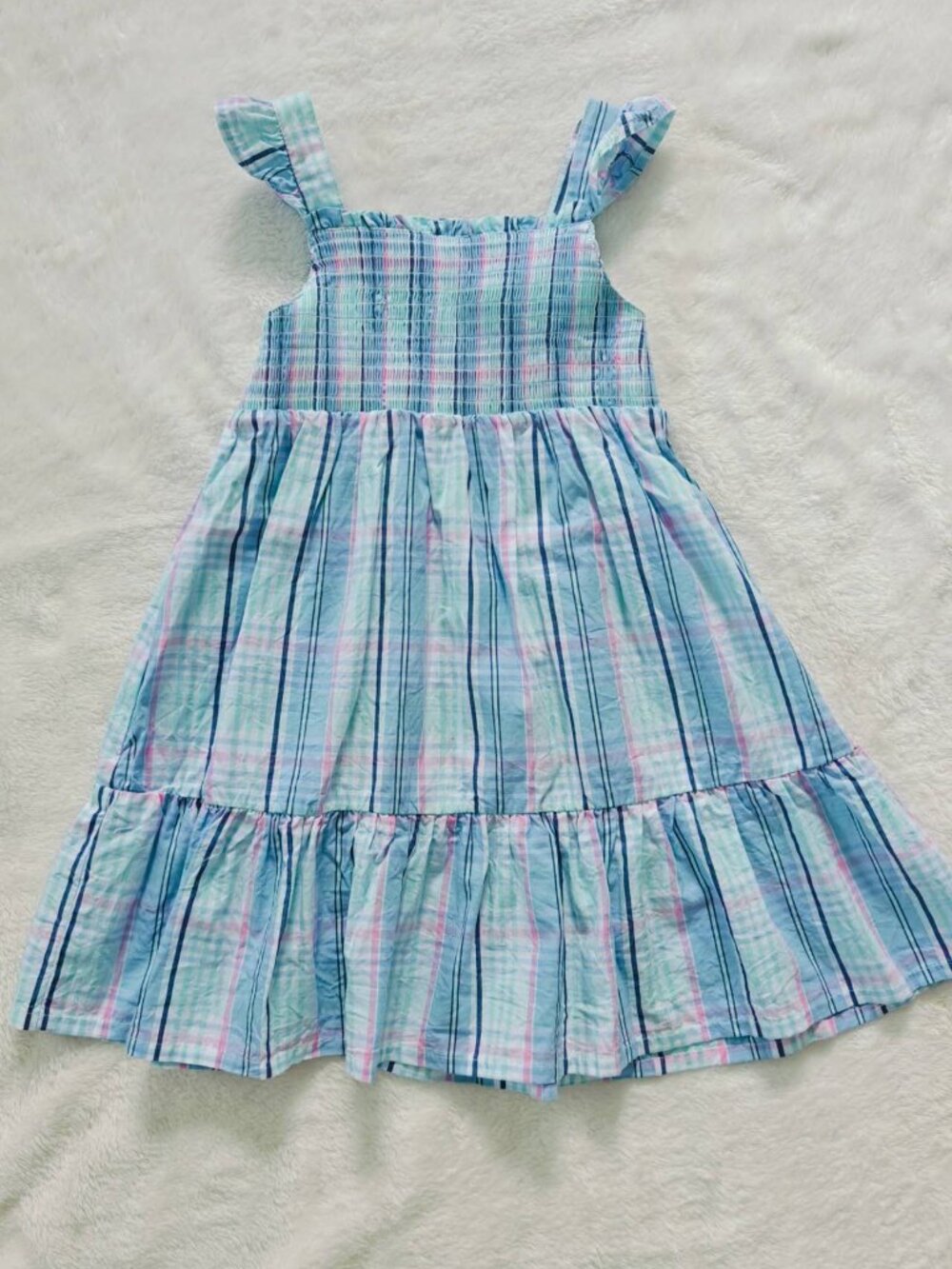 NWT Little Me Girl's blue pastel plaid smocked tiered  sundress summer